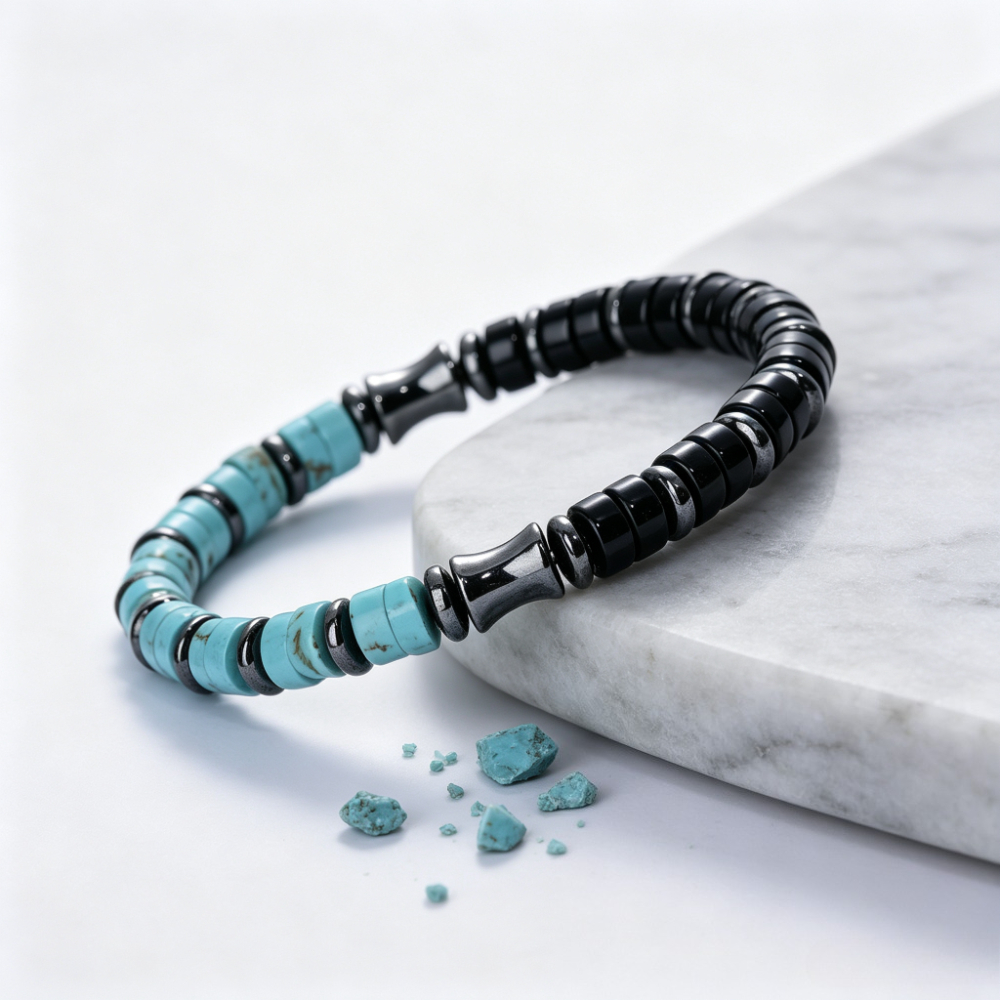 Natural Stone Stretch Beaded Bracelet with Turquoise and Onyx